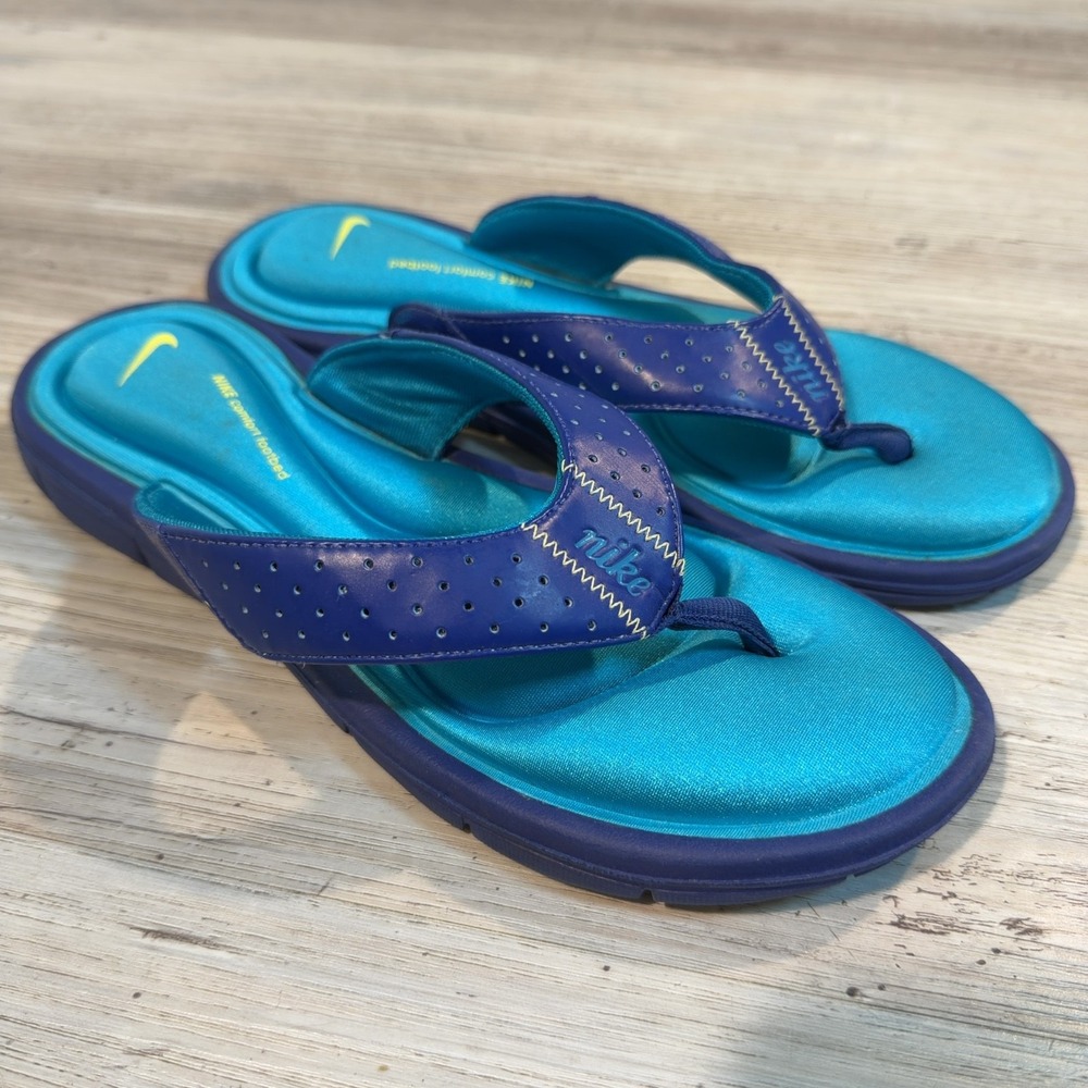 Nike Women Comfort Footbed Sandal Size 9 Blue/Teal Thong Slide Flip Flop